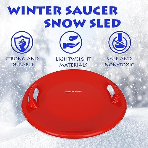 Slippery Racer Heavy-Duty Cold Resistant Downhill Pro Adults and Kids Plastic Outdoor Winter Saucer Disc Snow Sled with Handles-2 Pack (Red-2 Pack)