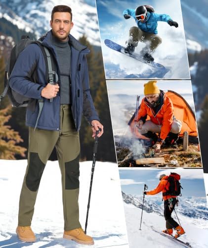 Mens Winter Snow Pants Waterproof Thermal Fleece Lined Hiking Pants with Zip Pockets