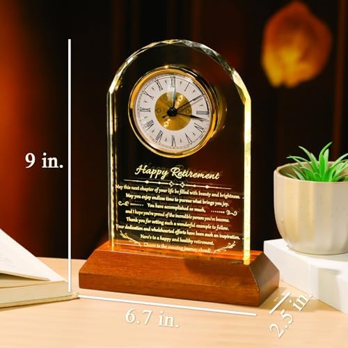 YWHL Retirement Clock Gifts for Women Men with Wooden Light Base, Happy Retirement Glass Plaque for Coworkers Boss, Going Away Retired Gifts for Friends, Farewell Goodbye Presents Ideas