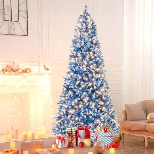 HAPPYGRILL 8 FT Pre-lit Christmas Tree Blue Hinged Artificial Xmas Tree with 420 Warm White LED Lights, 8 Modes, 1458 Frosted Branch Tips, Folding Metal Base, for Home Party Holiday