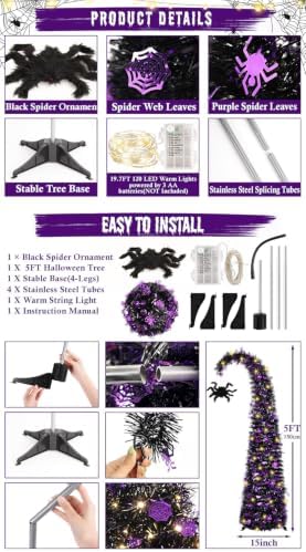5FT Curved Halloween Pop Up Christmas Tree with Spider Pendant and Lights