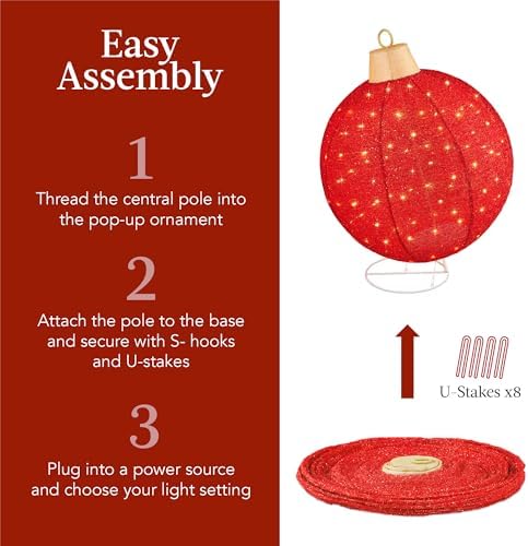 Best Choice Products 2pc Lighted Pop-Up Outdoor Christmas Ornament Set, Holiday Ball Decoration w/ 180 LED Lights, 8 Light Functions - Red/Green