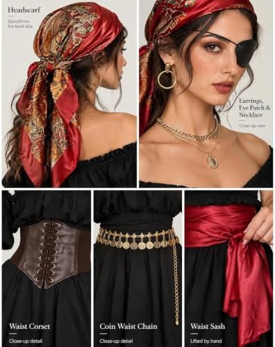 8 Pcs Pirate Costume Women Renaissance Dress Set, Medieval Pirate Outfit for Women with Corset Belt and Accessories