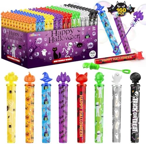 Shemira 160pcs Halloween Bubble Wands, Halloween Party Favors for Kids, Halloween Goodie Bags Fillers, Trick Or Treating Toys Bulk, for Kids, Halloweens' Miniatures Prizes
