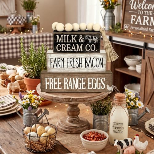 Moucuny 4 Pcs Farm Fresh Farmhouse Table Decor Rustic Stacked Wooden Sign