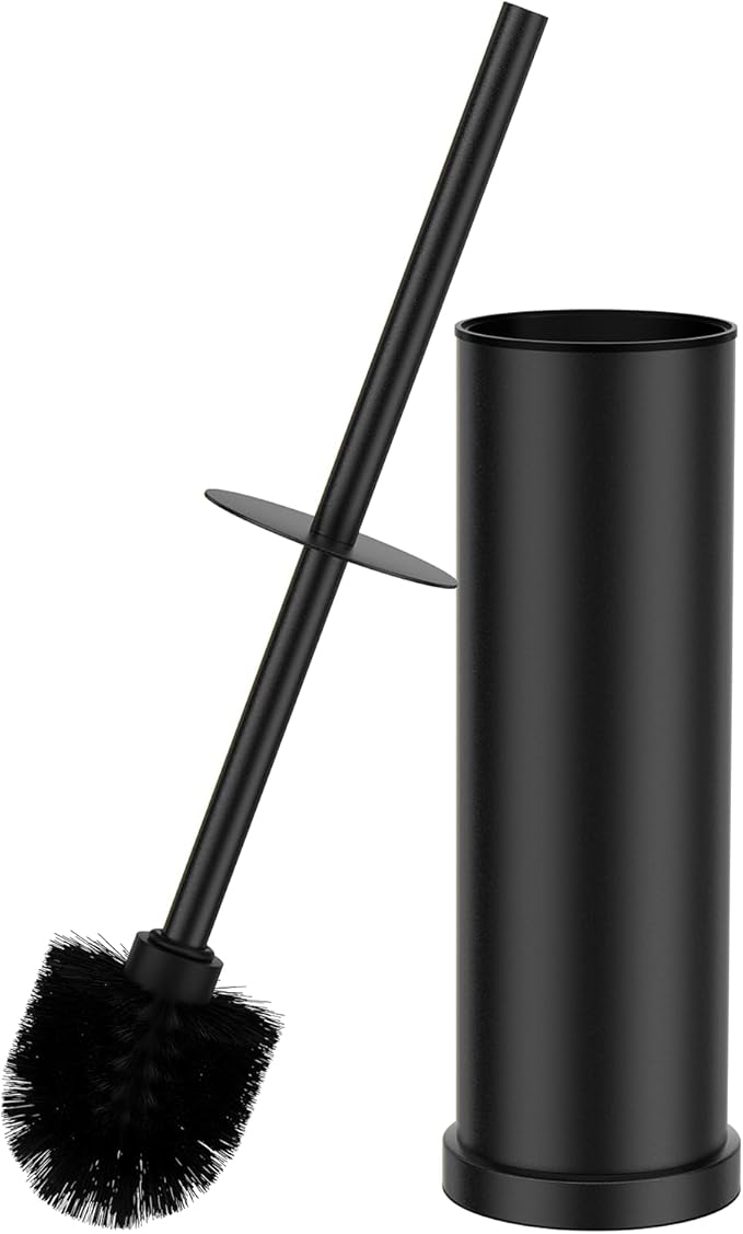 Black Toilet Brush and Holder Set，Stainless Steel Heavy Duty Toilet Bowl Brush，Extra Long Handled Modern Toilet Cleaner Brush with Replaceable Head, Removable Inner Bowl, and Splash Protection