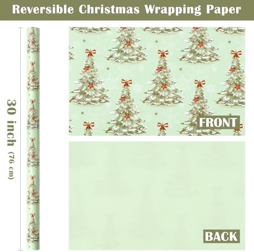 WRAPAHOLIC 30 Inch Reversible Christmas Wrapping Paper - 30 Inch x 33 Feet - Light Green Christmas Tree Wrapping Paper for Xmas Holiday, Party Celebration