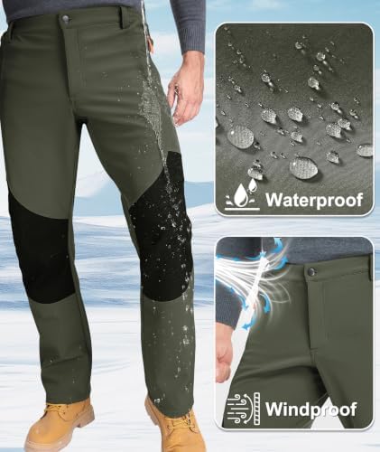 Mens Winter Snow Pants Waterproof Thermal Fleece Lined Hiking Pants with Zip Pockets