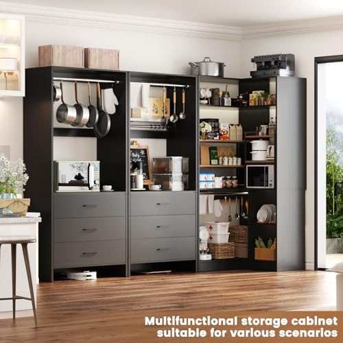 Aheaplus Closet System with 6 Drawers, 4 Hanging Rods & Corner Tower, Corner Closet System with Hanging,80.9" L-Shaped Walk-In Wardrobe Organizer, 2000+ lbs Capacity, Set of 3, Black