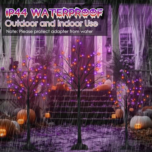 Set of 3, 4ft 5ft 6ft Lighted Black Halloween Tree with Orange Purple Light