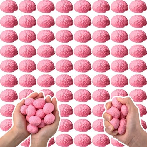Skylety 100 Pcs Halloween Brain Stress Balls Bulk for Teens Adult Pink Mini