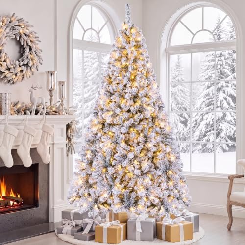 Happygrill 7.5FT Christmas Tree, Premium PVC Needles, 1010 Branch Tips, Pre-Lit Flocked Snow Hinged Pine Tree with Solid Metal Stand, 450 LED Lights, Ideal for Holiday Decoration, White