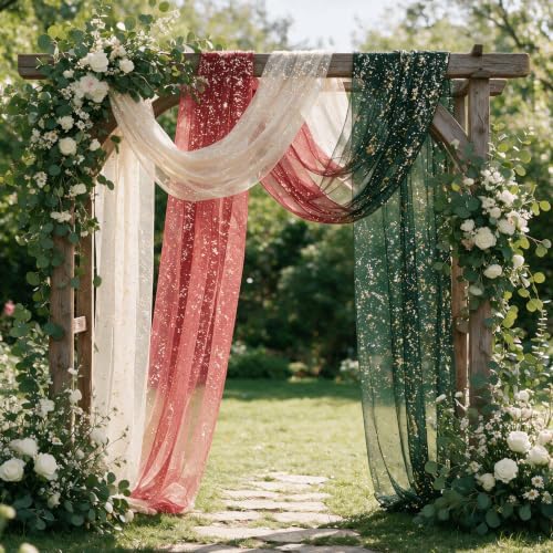 Artoid Mode 6PC Beige Red Green Gauze Table Runner 120 Inch 10FT, Glitter Metallic Foil Sheer for Wedding Anniversary Holiday Birthday Home Party Decor