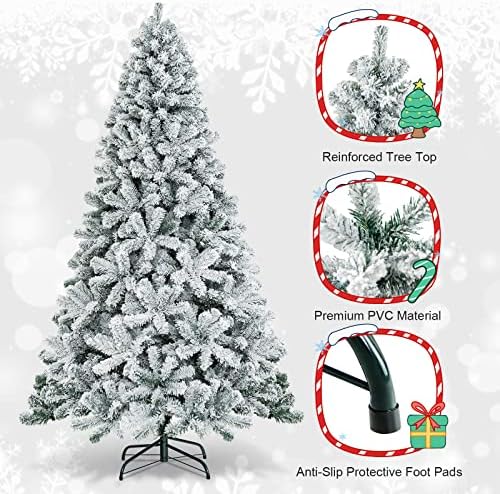 COSTWAY 7.5 FT Flocked Christmas Tree, Unlit Hinged Xmas Tree with 1010 Snowy Branch Tips & Metal Stand, Artificial Christmas Tree for Home Office Party Decoration, Green & White