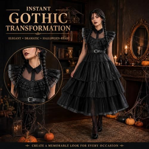 Women's Gothic Halloween Costume Long Black Dress with Wig Necklace