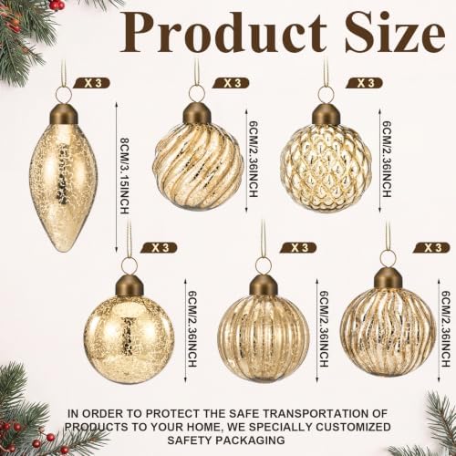 Syhood 18 Pcs Champagne Gold Christmas Mercury Glass Balls Ornaments