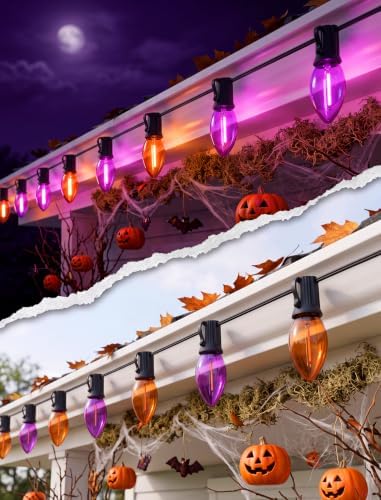 SUNSGNE 25FT C9 LED Halloween Lights Outdoor, 25 Orange and Purple Lights