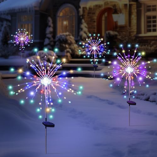 Solar Garden Firework Lights Outdoor Waterproof 4 Pack 120 LED Sparklers Solar Lights for Outside Patio Backyard Yard Pathway Walkway Christmas Decorations (Colorful)