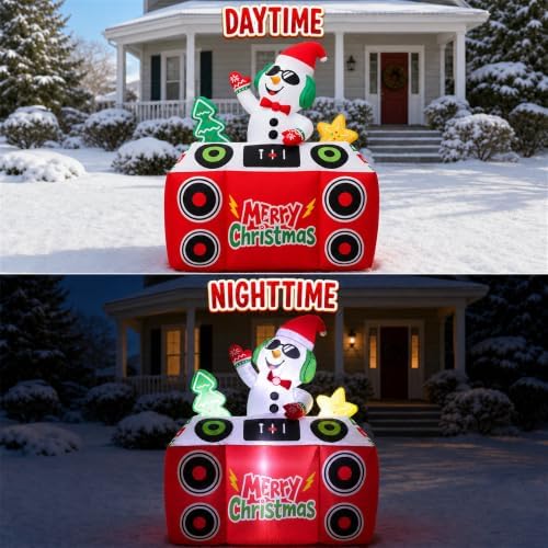 6 FT Christmas Inflatables Snowman DJ Playing Music on Turntable,LED Lights