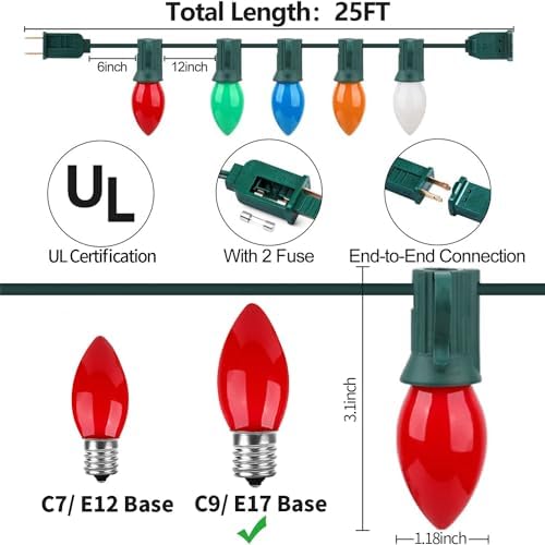 25Ft C9 LED Christmas String Lights Outdoor, Multicolor Christmas Decorations Lights with 25+1 Colored C9 LED Bulbs, Vintage Decor Light for Xmas Tree Home Yard Party Decor, E17 Base, Green Wire