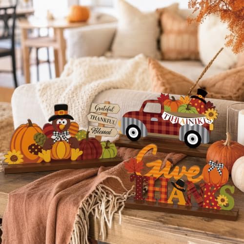 3 Pcs Fall Centerpieces for Tables, Wooden Autumn Fall Decorations for Home