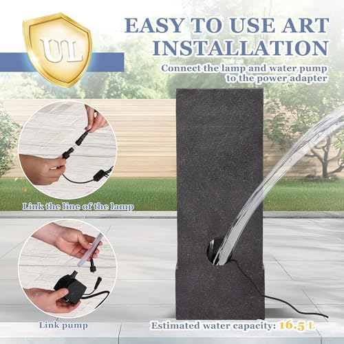 Grepatio 39" Tall Outdoor Water Fountain, Indoor Water Feature Cascading Wall with 5 LED Lights, Large Outside Resin Wtaerfall Fountains for Garden, Yard Patio Home Decor, Natural Stone Look, Gray