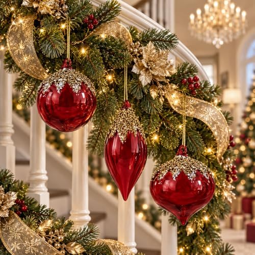 Yerliker 12 Pcs Red Christmas Glass Ball Ornaments Xmas Hanging Decoration