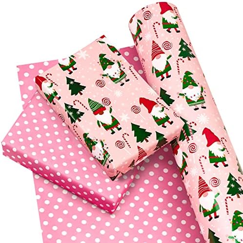 WRAPAHOLIC 30 Inch Jumbo Reversible Gnome Christmas Wrapping Paper - 30 Inch x 100 Feet Jumbo Roll Red Green Gnome Wrapping Paper and Pink White Polka Dots for Christmas, Holiday, Party