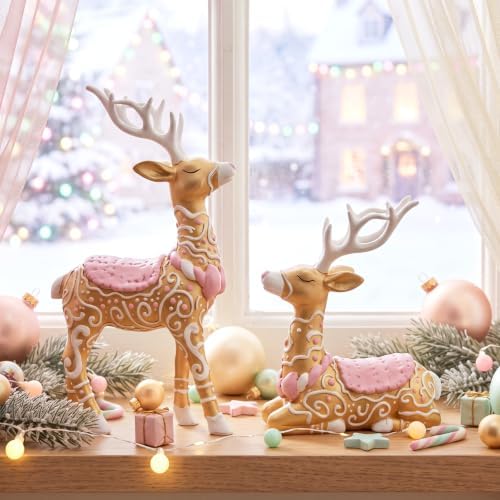 Amyhill 2 Pcs Pastel Gingerbread Christmas Reindeer Decor Resin Figurines