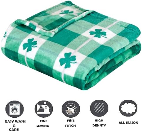 Elegant Comfort Luxury Velvet Super Soft Irish Green Clover Shamrock Print Fleece Blanket-St Patricks Day Theme Décor Fuzzy Warm and Cozy Throws for Couch and Gift, 50 x 60 inch, Lucky Plaid Clover