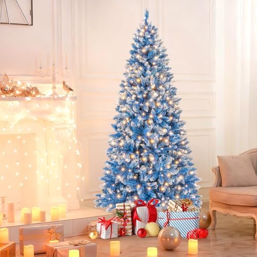 HAPPYGRILL 6 FT Pre-lit Christmas Tree Blue Hinged Artificial Xmas Tree with 270 Warm White LED Lights, 8 Modes, 767 Frosted Branch Tips, Folding Metal Base, for Home Party Holiday