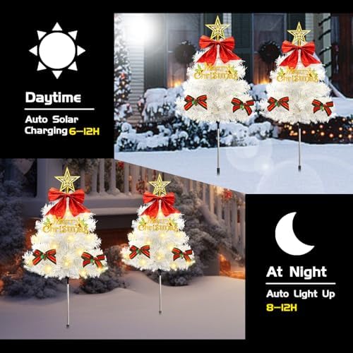 Christmas Tree Solar Pathway Lights Outdoor Decor, 4 Pack, White