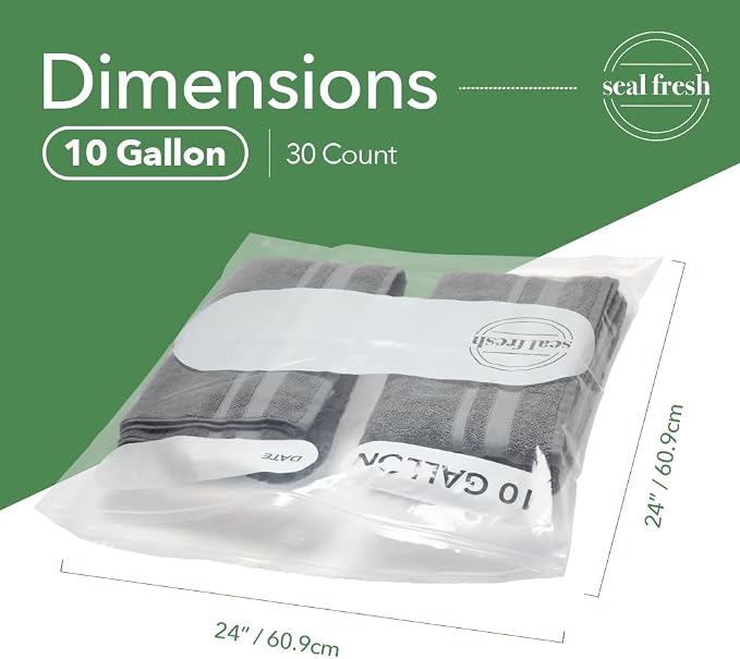 Seal Fresh 10 Gallon Large Plastic Storage Bags – 24" x 24" (30 Count) – Reusable XXL Extra Large Clear Jumbo Zip Bags with Sealable Zipper Top For Clothes, Travel, Moving