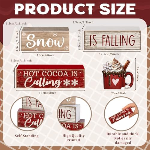 Lineshading 4 Pcs Christmas Table Decor, Hot Cocoa Wood Block Sign Home Set