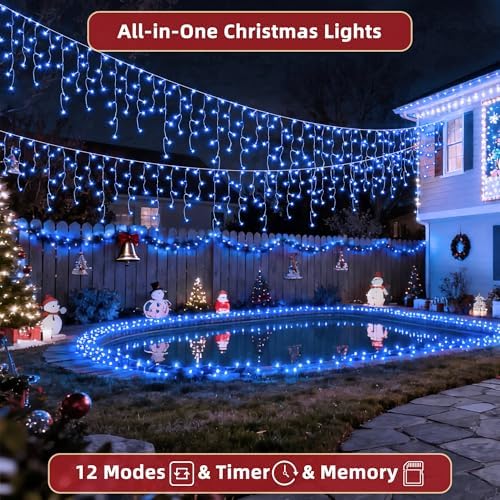 810 LED Christmas Lights Outdoor 82FT with 180 Drops, Christmas Decorations Hanging Lights 12 Modes, Dimmable Outsite Fairy String Lights for Wedding Party Holiday Winter Wonderland Decor Blue