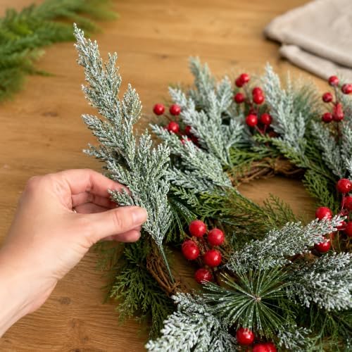 30 Pcs Artificial Christmas Snow Pine Branches Red Berry Stems Faux Sprigs