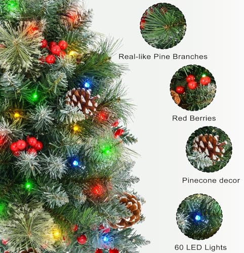 Christmas Tree Urn Filler with Timer, Pre-lit Warm White & Multi-Color Changing LED Lights, Artificial Xmas Tree for Porch, Pathway, Yard, Outdoor Holiday Decoration (2, Tree with Snow)