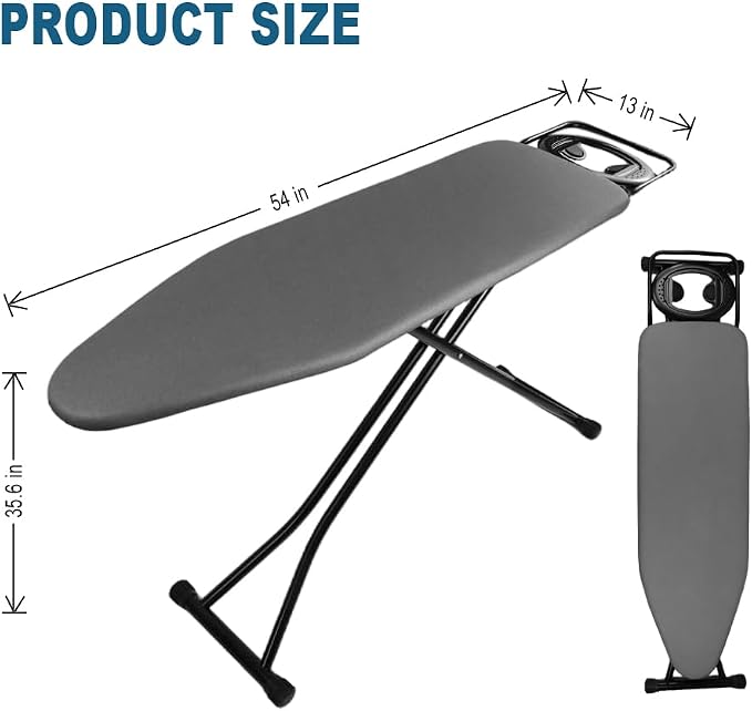 Ironing Board Full Size, Heat Resistant Cover Iron Board with Steam Rest, Ultra Thick Padding, Height Adjustable Heavy Sturdy Metal Frame Legs Ironing Stand,Non-Slip Foldable (54"x13", Round Rest)