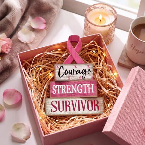 Moucuny 4 Pcs Breast Cancer Awareness Table Decoration Wooden Pink Ribbon