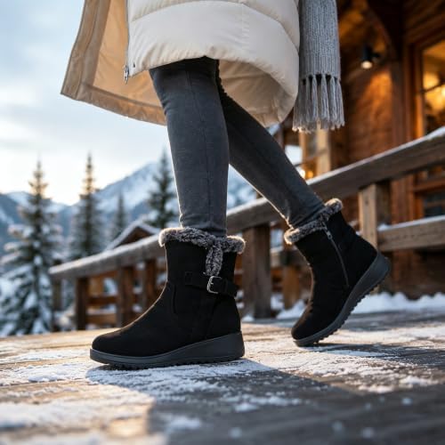 Womens Snow Boots Leather Winter Warm Boots Platform Ankle Booties