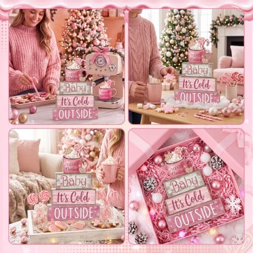 Moucuny 4 Pcs Pink Christmas Table Decor Wooden Hot Chocolate Cocoa Decor