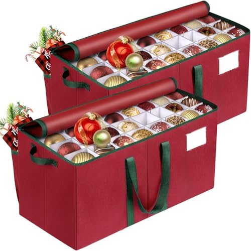 RoomHacks Christmas Ornament Storage Box, Store Up to 128 Ornaments, Christmas Storage Container, Dual Zipper & Adjustable, Large Organizer Bin to Protect and Store Holiday Ornaments (Red-2 Pack)