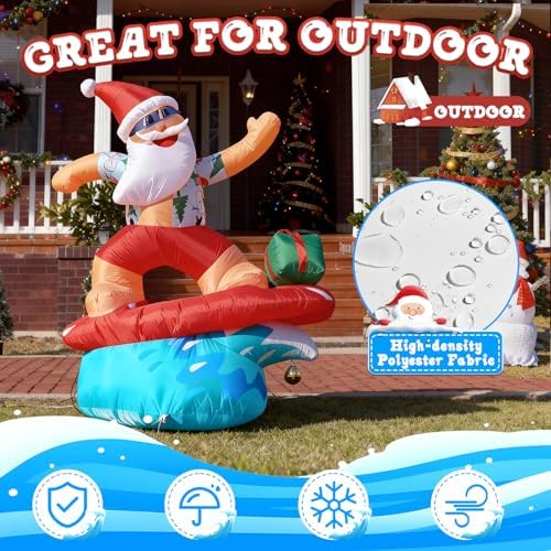 6FT Surfing Santa Inflatable with Lights for Yard Christmas