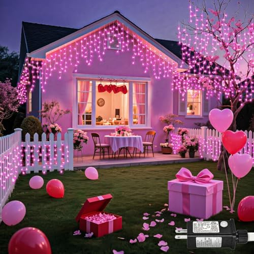 99ft Pink Icicle Christmas Lights Outdoor, 1216 LED Icicle Lights for Outside Clear Wire Twinkle Lights with 8 Modes Timer Waterproof for Window Party Wedding Yard Holiday Valentine's Day Decorations