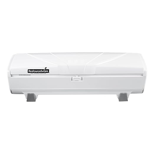 Restaurantware-Chef 101 Food Wrap Dispenser with Cutter, 1 Refillable Cling Wrap Dispenser - Fits 12” to 18” x 2000’ Rolls, Press Down and Cut, White Plastic Aluminum Foil, Sharp Blade