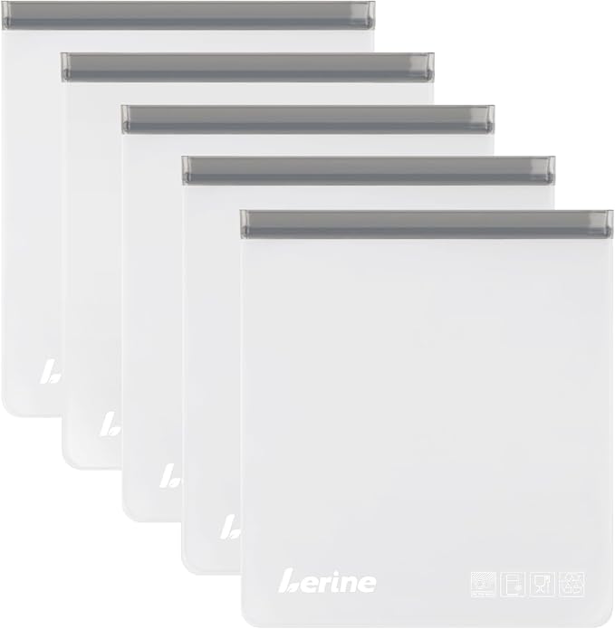 Lerine Reusable 2 Gallon Freezer Bags Dishwasher Safe, Food Storage Bags | 5 Pack, 13"x15.6", BPA-Free, Food-Grade Material, Freezer Safe, Leakproof, Double-Seal, for Marinating Meats, Vegetables