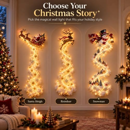 Christmas Magic Trail Wall Light -3D LED Glowing Christmas Scene Wall Decoration, Santa Sleigh Reindeer Hanging Decoration Indoor Holiday Decor for Living Room, Festive Xmas Gift，Gift Box