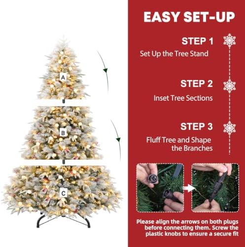 Hykolity 7.5 ft Prelit Flocked Christmas Tree, 450 Multicolor LED Lights, Artificial Christmas Pine Tree with Red Berries, 1608 PE&PVC Branch Tips, Metal Stand and Hinged Branches, 10 Modes