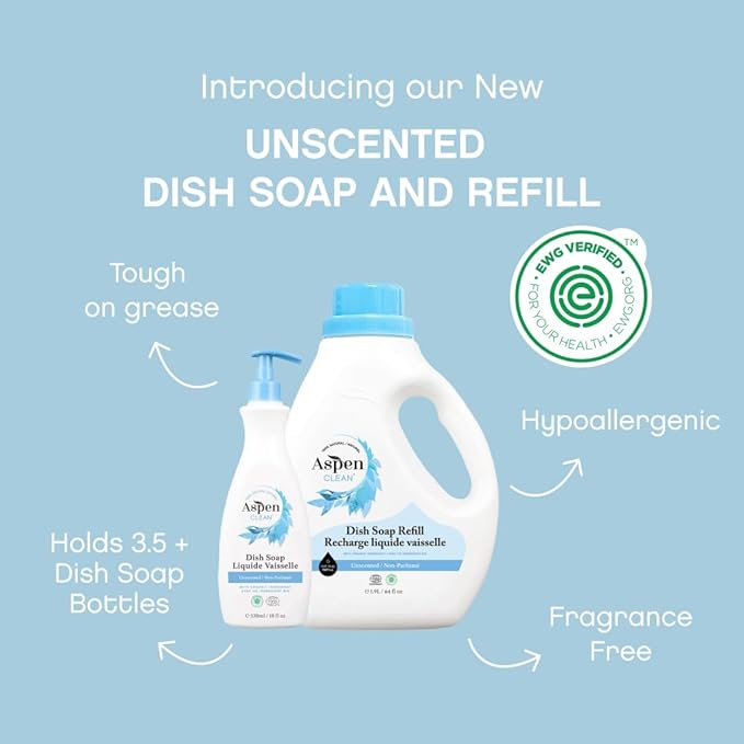 AspenClean | Dish Soap & Refill | Unscented | Liquid Dishwashing Detergent Soap | Non - Toxic | 100% Natural | EWG Verified | 64 fl oz - Refills Over 3.5 Standard Soap Bottles