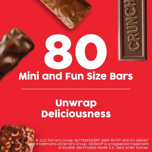 Butterfinger, CRUNCH, Baby Ruth, 100 Grand Fun Size, Assorted Candy Bars, Great for Sharing, Bulk 80 Count Pack, 32.1 oz